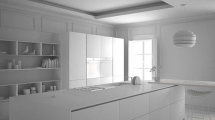 Fototapeta na wymiar Total white project of modern kitchen furniture in classic room, old parquet, minimalist architecture interior design