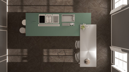 Modern kitchen in classic interior, island with stools and two big window, top view, white and green architecture interior design