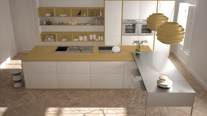 Modern kitchen in classic interior, island with stools and two big window, top view, white and yellow architecture interior design