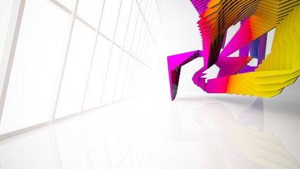 Abstract white and colored gradient parametric interior with window. 3D illustration and rendering.