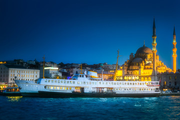 View of public ferry and old district of Istanbul