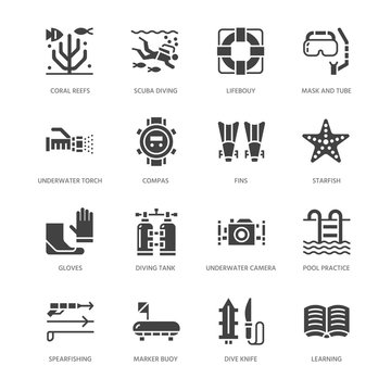 Scuba diving, snorkeling flat glyph icons. Spearfishing equipment - mask tube, flippers, swim suit, diver. Water sport, summer activity silhouette signs. Pixel perfect 64x64.