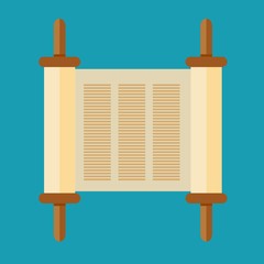 Torah scroll icon in flat style. Jewish Torah in expanded form. Flat illustration Torah Book, Jewish Torah, law Books. Simple old parchment scroll with the text. Symbol old scroll.