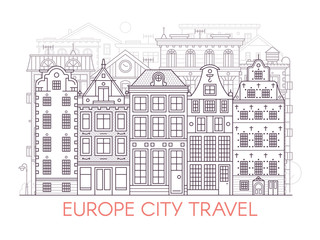 Monochrome Europe city street banner with classic european houses facades. Old town neighborhood skyline with old townhouse residential buildings in line art. Outline Stockholm or Amsterdam cityscape.