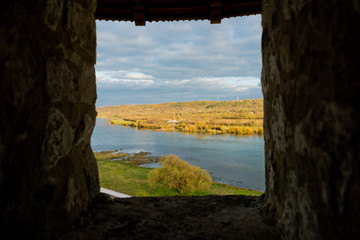 Beautiful view of the Dniester River from the window medieval fort's window in Soroca, Republic of Moldova.