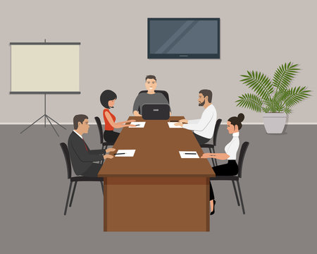 Office workers during the meeting. Young women and men are sitting at the table in the office. Conference hall. On the table is laptop, paper for notes and pencils. There is also a flower here. Vector