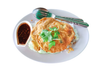 Omelet cover on rice (Thai food) isolated on white background. This has clipping path.