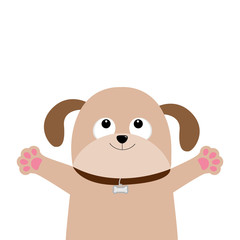 Dog puppy face. Pet collection. Pooch looking up, hands paw print hug. Flat design. Cute cartoon funny character. White background. Isolated.