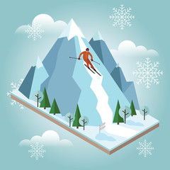 Isometric vector man pulls off the mountain. Alpine skiing, winter sport. Olimpic games, recreation lifestyle, activity speed extreme