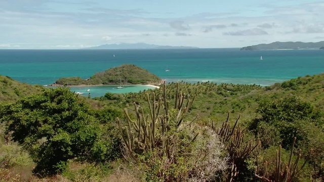 Shot of greenery on Mayreau island and turquoise colour of sea, St Vincent and the Grenadines