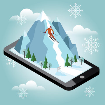 Isometric vector man pulls off the mountain. Alpine skiing, winter sport. Mobile navigation. Videos and photos keeped in phone memory. Olimpic games, recreation lifestyle, activity speed extreme