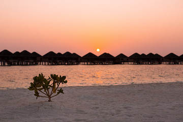 luxury water lodges at sunset on Maldive