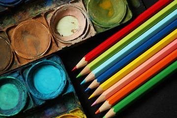 Set of color pencils and paints