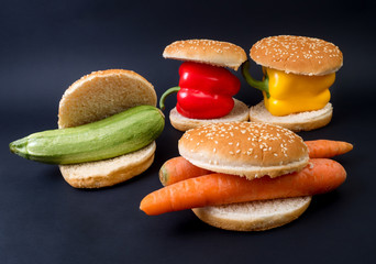 Vegetarian burger or Healthy food concept. Different fresh vegetables in burgers
