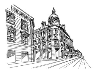 Hand drawn ink line sketch of european street