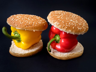 Vegetarian Burger concept. Fresh Paprika or Pepper in burger.