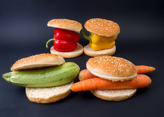 Vegetarian burger or Healthy food concept. Different fresh vegetables in burgers