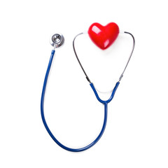 Doctor stethoscope and madel of heart on white background