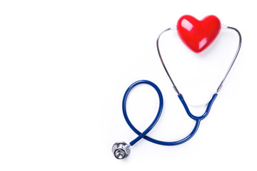 Doctor stethoscope and madel of heart on white background