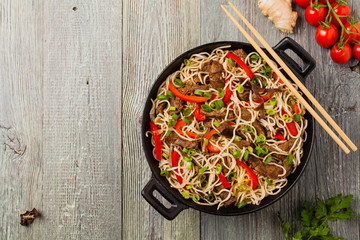 Chinese pasta with beef. Prepared in wok.