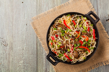 Chinese pasta with beef. Prepared in wok.