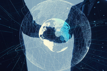 Global communication network concept. Two businessperson shaking hands.