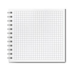 Blank realistic vector horizontal ruled square notebook with shadow template. Notepad with blank opened quad ruled page on metallic spiral, textbook or organizer mockup for your text