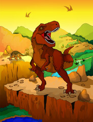 Cute cartoon tyrannosaurus with landscape background. Vector illustration of a cartoon dinosaurs.