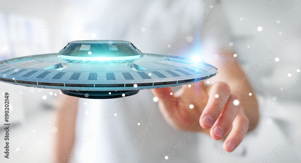 Poster Businessman with retro UFO spaceship 3D rendering