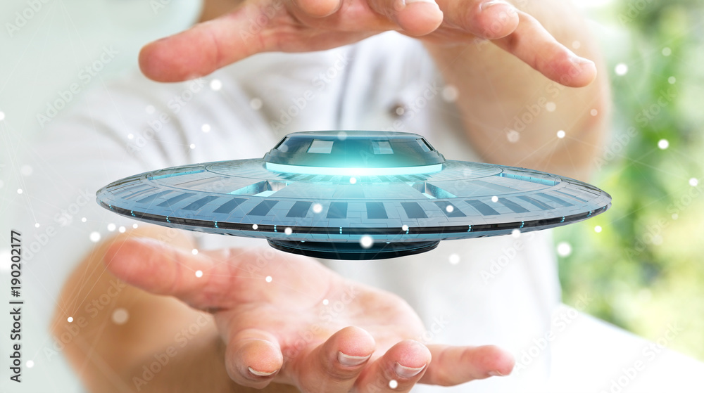 Poster businessman with retro ufo spaceship 3d rendering