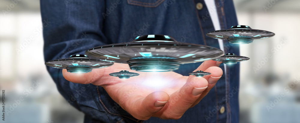 Poster businessman with retro ufo spaceship 3d rendering