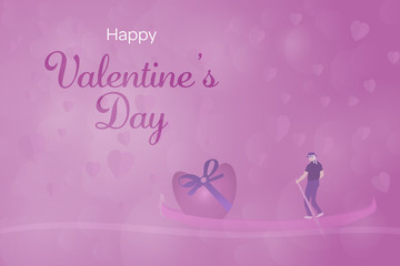 Valentine’s day. Background with hearts and man in gondola transporting big heart. Text: Happy Valentine’s Day.
