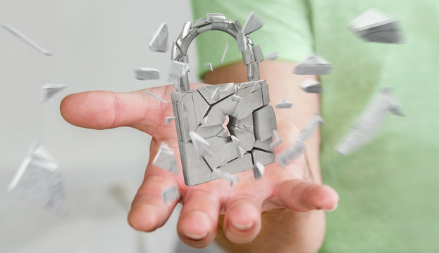 Businessman hacking in broken padlock security 3D rendering