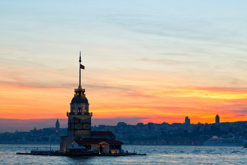 Istanbul, view of the Maiden's Tower  in sunset, Turkey