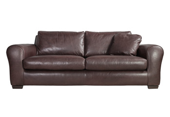  Cozy brown leather sofa with pillows, isolated on white background.