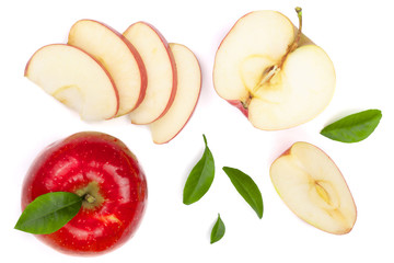 red apples with slices and leaves isolated on white background top view. Set or collection. Flat lay pattern