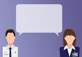 Flat design banner of business team for website with free space for your text. Speech box (dialogue) between two employees. Modern vector illustration concept, isolated.