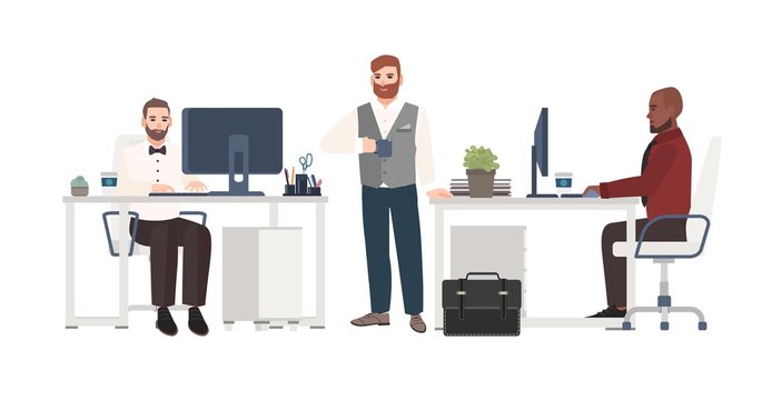 Men dressed in business clothes working at office. Male cartoon characters standing, drinking coffee and sitting at desks with computers. Clerks at workplace. Vector illustration in flat style