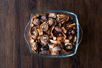 Dried Fruits; Apple, Apricot, Churchkhela, Walnut, Date, Hazelnut, Almond in Glass Bowl.
