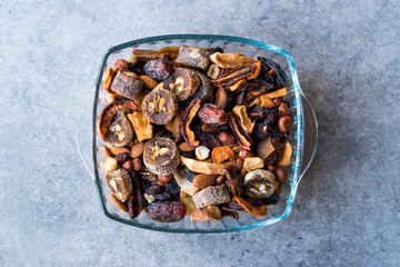 Dried Fruits; Apple, Apricot, Churchkhela, Walnut, Date, Hazelnut, Almond in Glass Bowl.