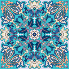Vector paisley kerchief ornament. Silk headscarf, pillow, interior decor square pattern design, oriental style fabric.