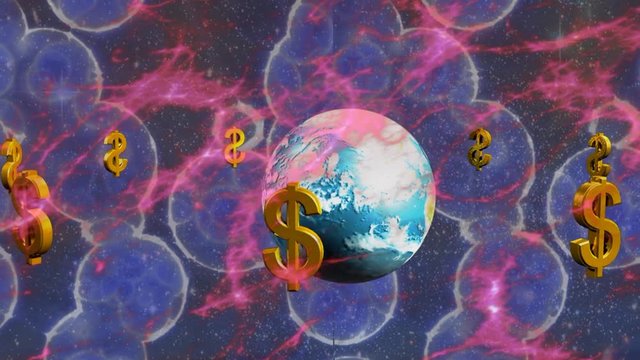 rotazione di simboli del dollaro  in oro intorno al pianeta Terra su sfondo animato