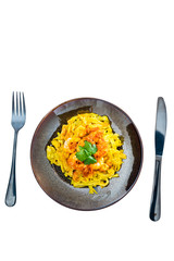 Pasta with Shrimp Dinner Dish on a the table