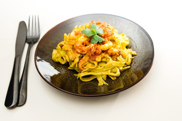 Pasta with Shrimp Dinner Dish on a the table