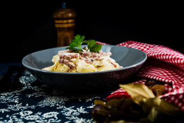 tasty Carbonara pasta on the table