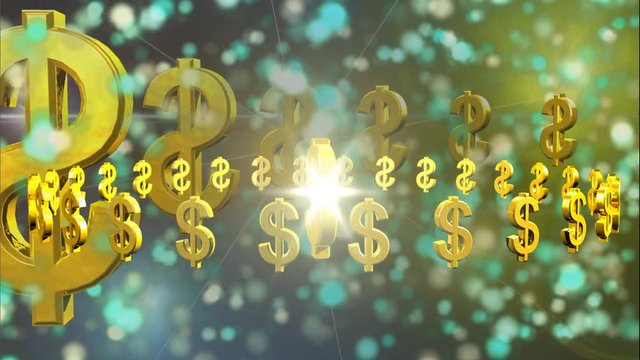 Rotazione  di simbolo del dollaro in oro intorno ad un simbolo pi&ugrave; grande splendente.