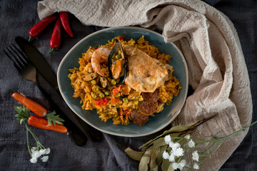 Prawn with rice - closeup of prawn with rice - traditionnal spanish food paella