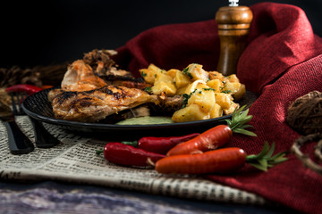 roast chicken with sauce and golden French fries potatoes