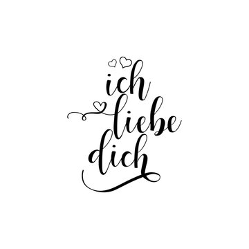 Handwritten calligraphy phrase in German Ich liebe dich. Vector illustration. translate from German I love you