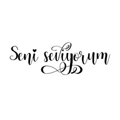 Handwritten calligraphy phrase in Turkish Seni Seviyorum Vector illustration. Turkish translation: I love you
